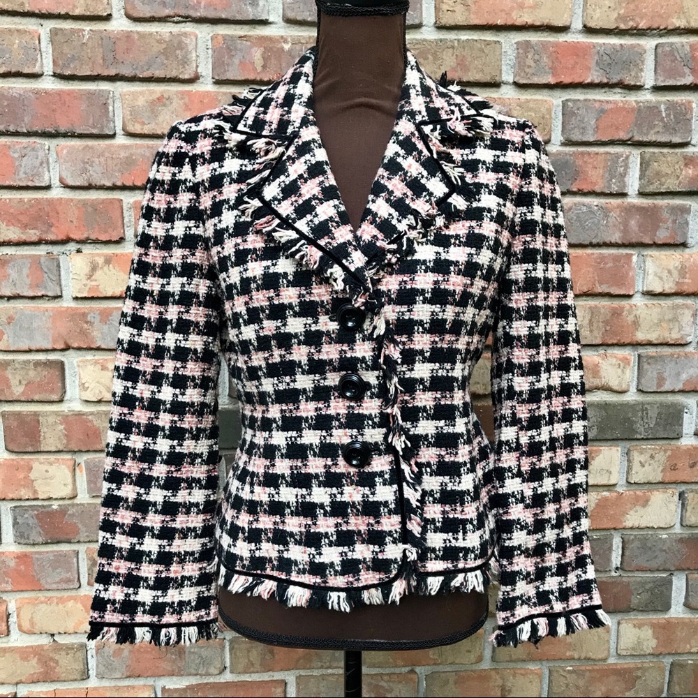 [Tahari ASL] Pink Black Houndstooth Fringe Blazer